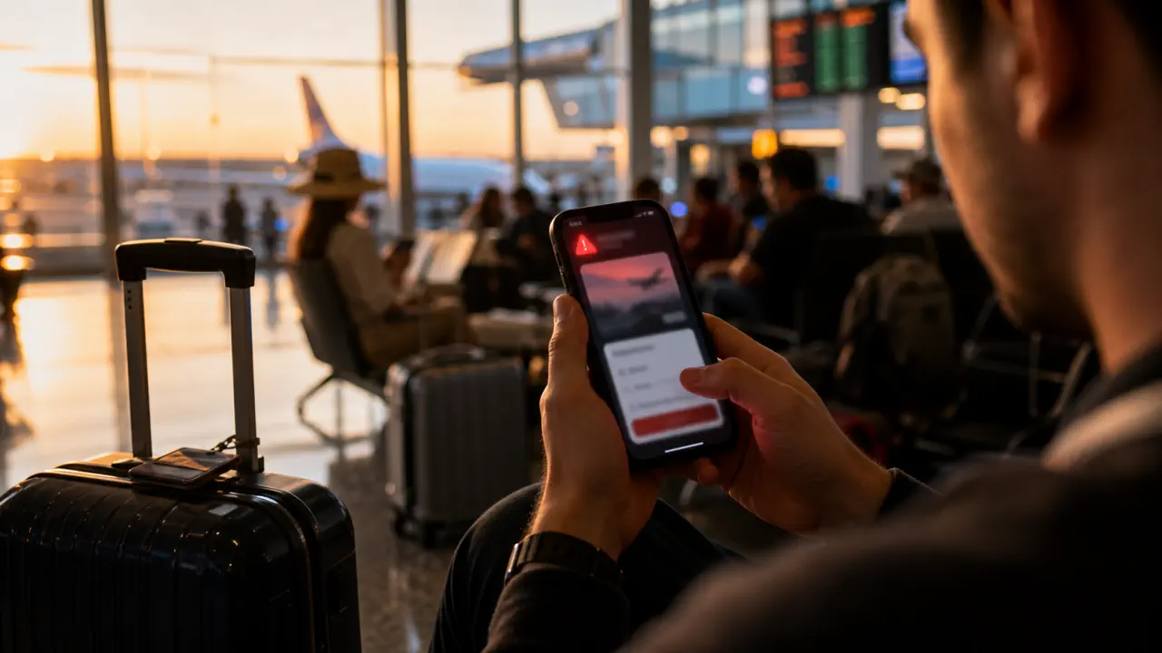 Cinematic editorial concept image of a traveler checking a suspicious mobile booking or payment prompt in an airport lounge
