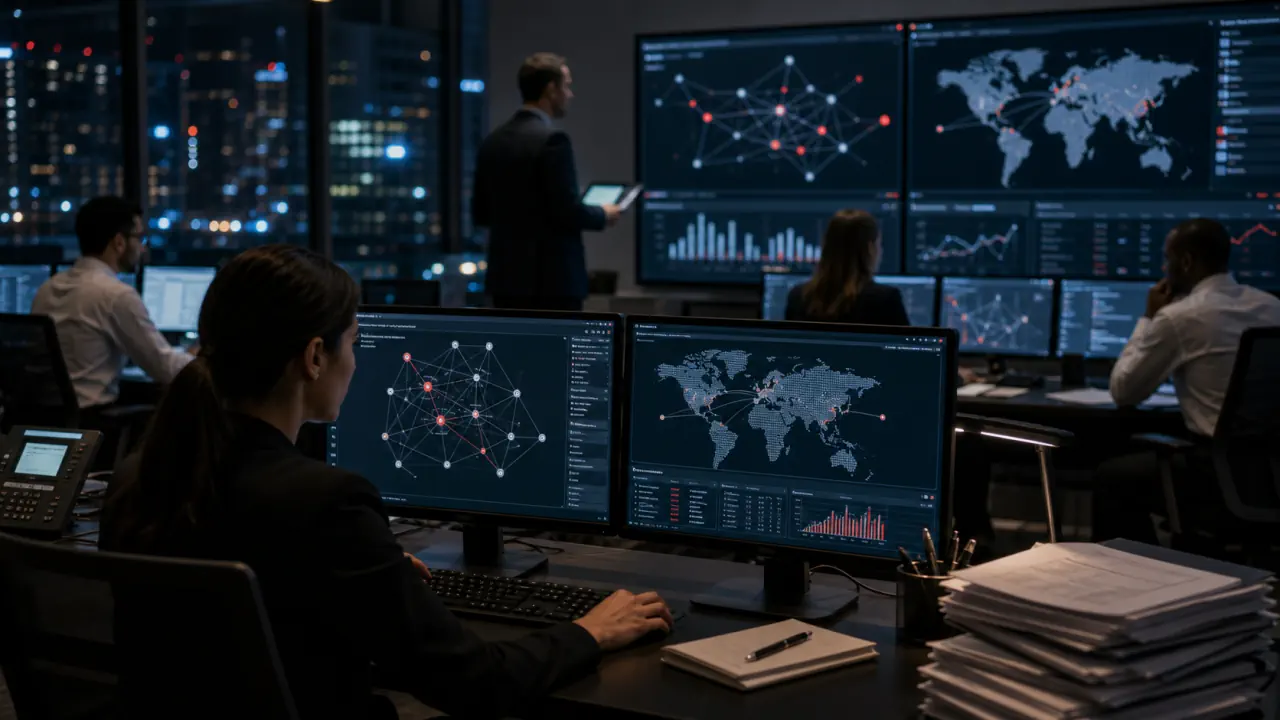 Cinematic editorial concept image of compliance analysts supervising AI-assisted AML alert triage
