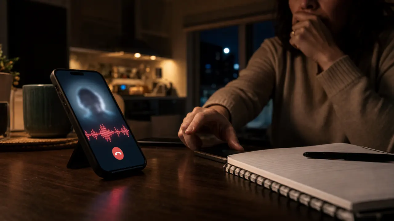 Cinematic editorial concept image of a suspicious late-night phone call used to illustrate AI voice cloning scam risk