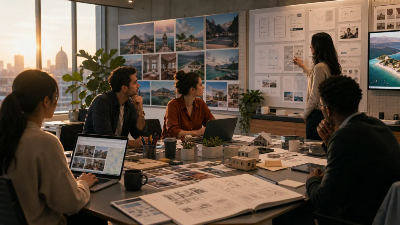 Cinematic editorial concept image of a travel product studio exploring AI tools for trip planning and support