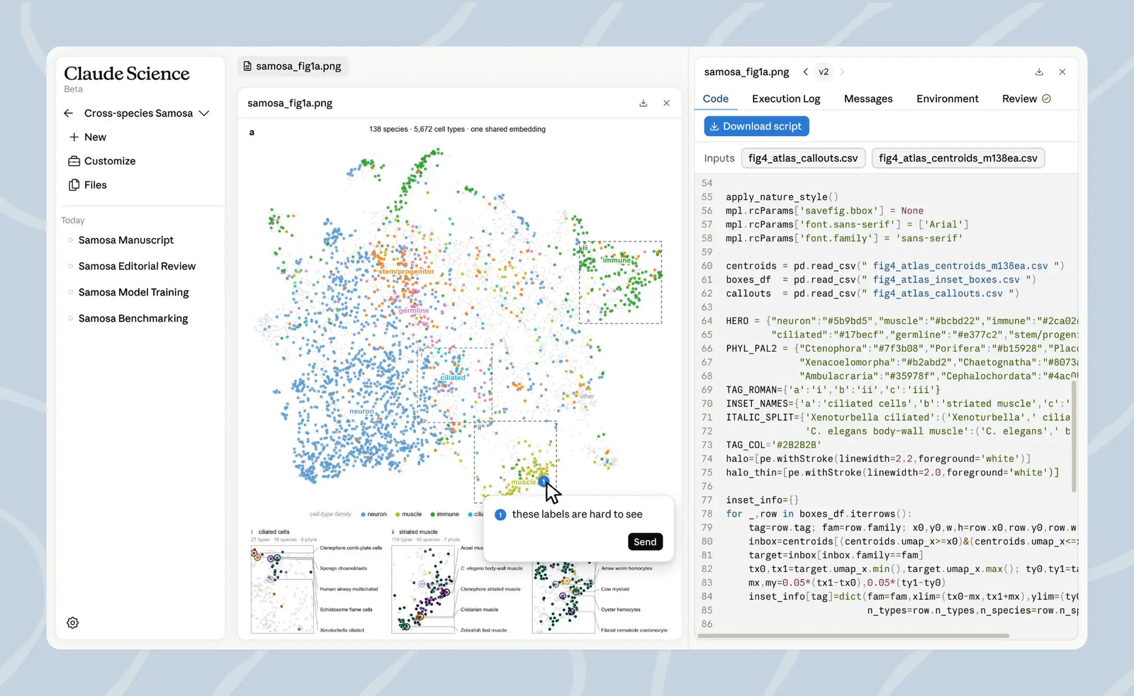 Uploaded Claude Science screenshot showing a scientific figure review workflow with inline comments, code, execution log, environment and review tabs.