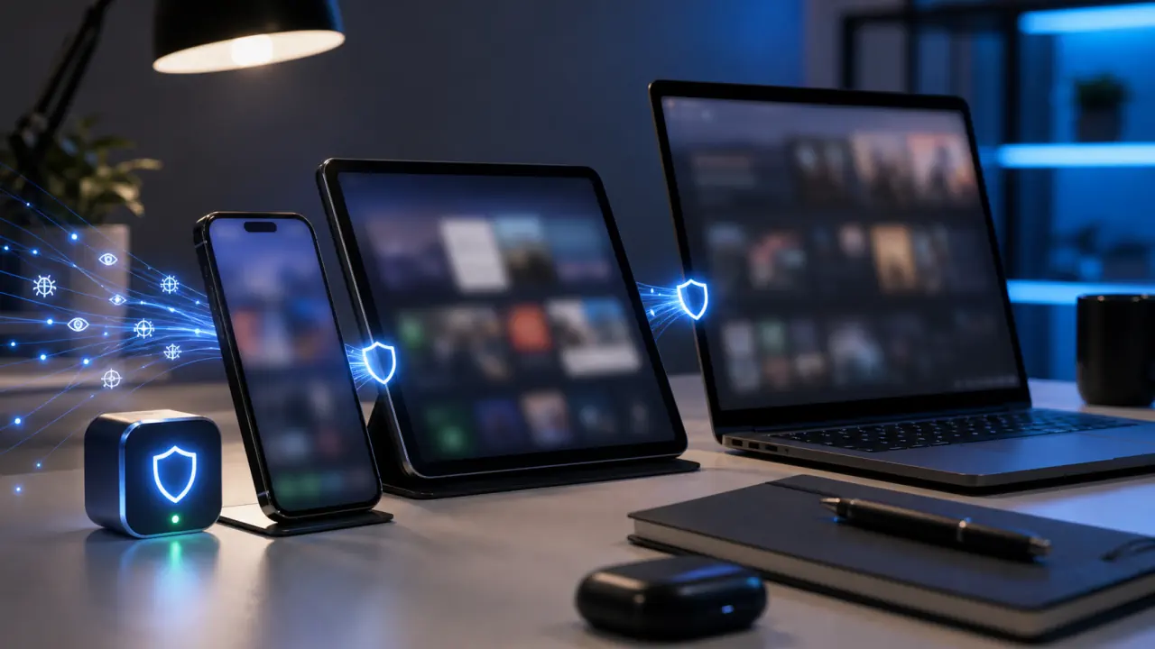 Cinematic editorial concept image of privacy filtering across phone, tablet and laptop screens