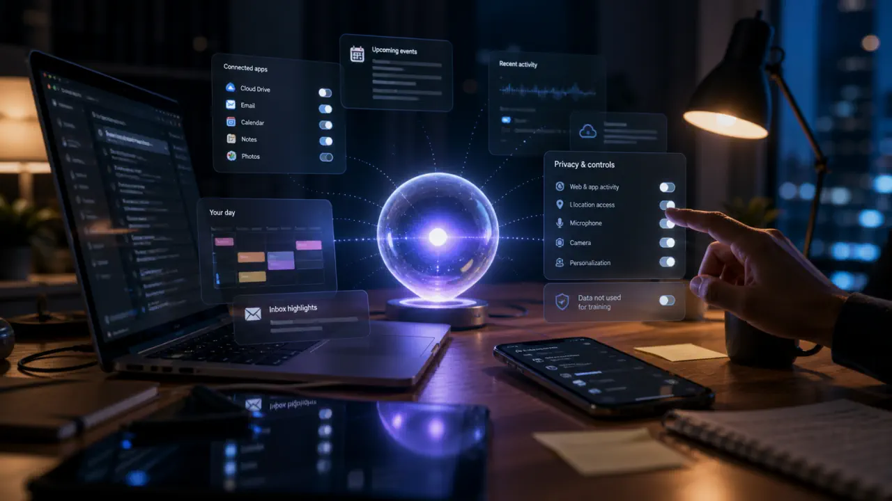 Cinematic editorial concept image of a personal AI agent workspace surrounded by privacy controls and connected app context