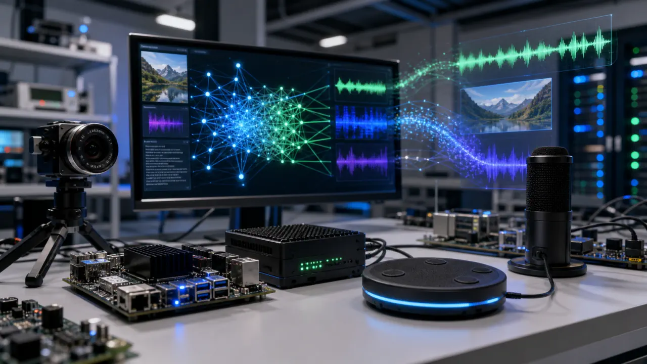 Cinematic editorial concept image of local multimodal AI hardware processing camera, audio and language signals