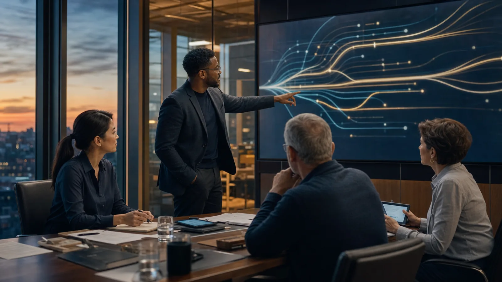Cinematic editorial image of enterprise leaders reviewing branching AI workstreams in a modern operations room