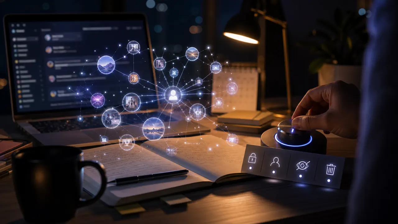 Cinematic editorial concept image of an AI memory workspace with user privacy controls and contextual notes