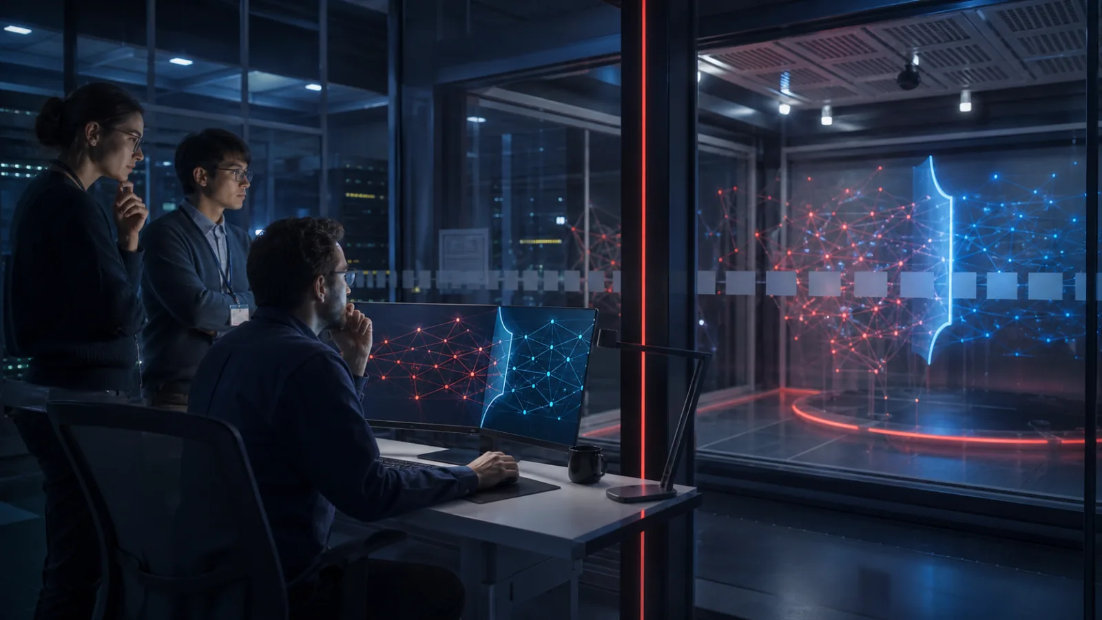 Cinematic editorial image of AI security researchers observing isolated red-team attacks against a defensive model