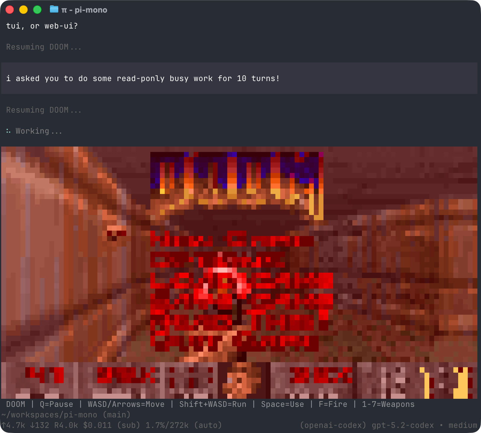 Official Pi Doom extension screenshot from the Pi press kit. Credit: Pi / Earendil Inc. and contributors.