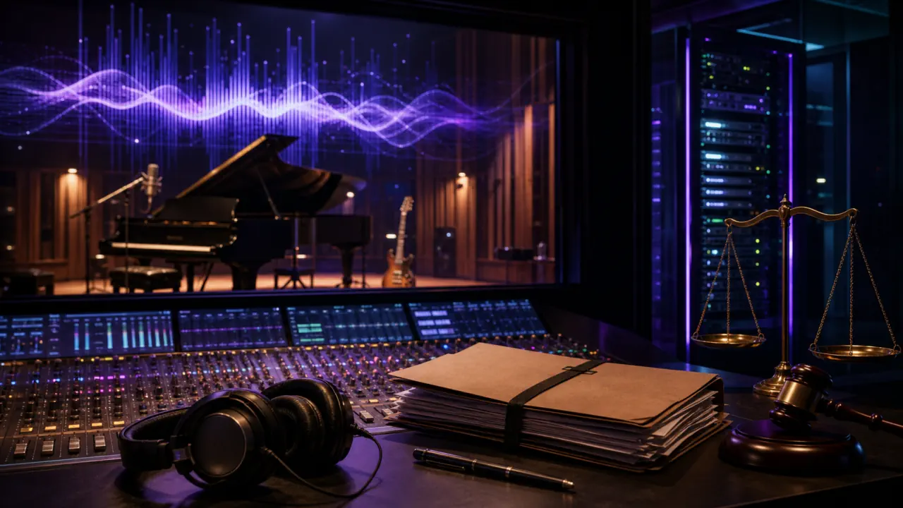 Cinematic editorial concept image of a recording studio, AI audio waveform and copyright litigation documents