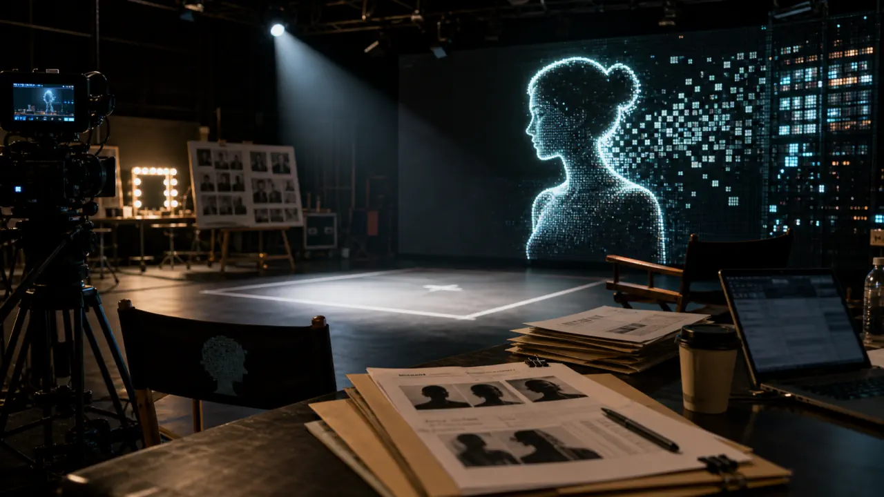 Cinematic editorial concept image of a casting studio with a synthetic performer silhouette on a screen