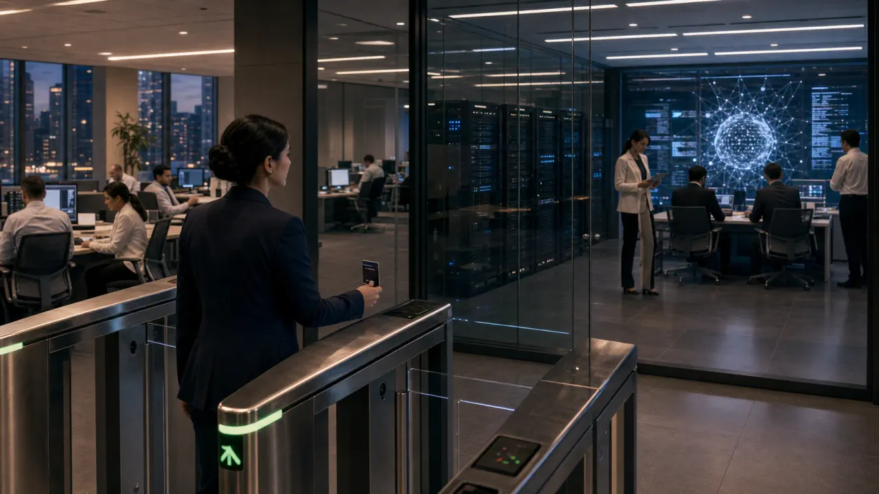 Cinematic editorial concept image of a bank AI governance room split between broad access and restricted frontier model access