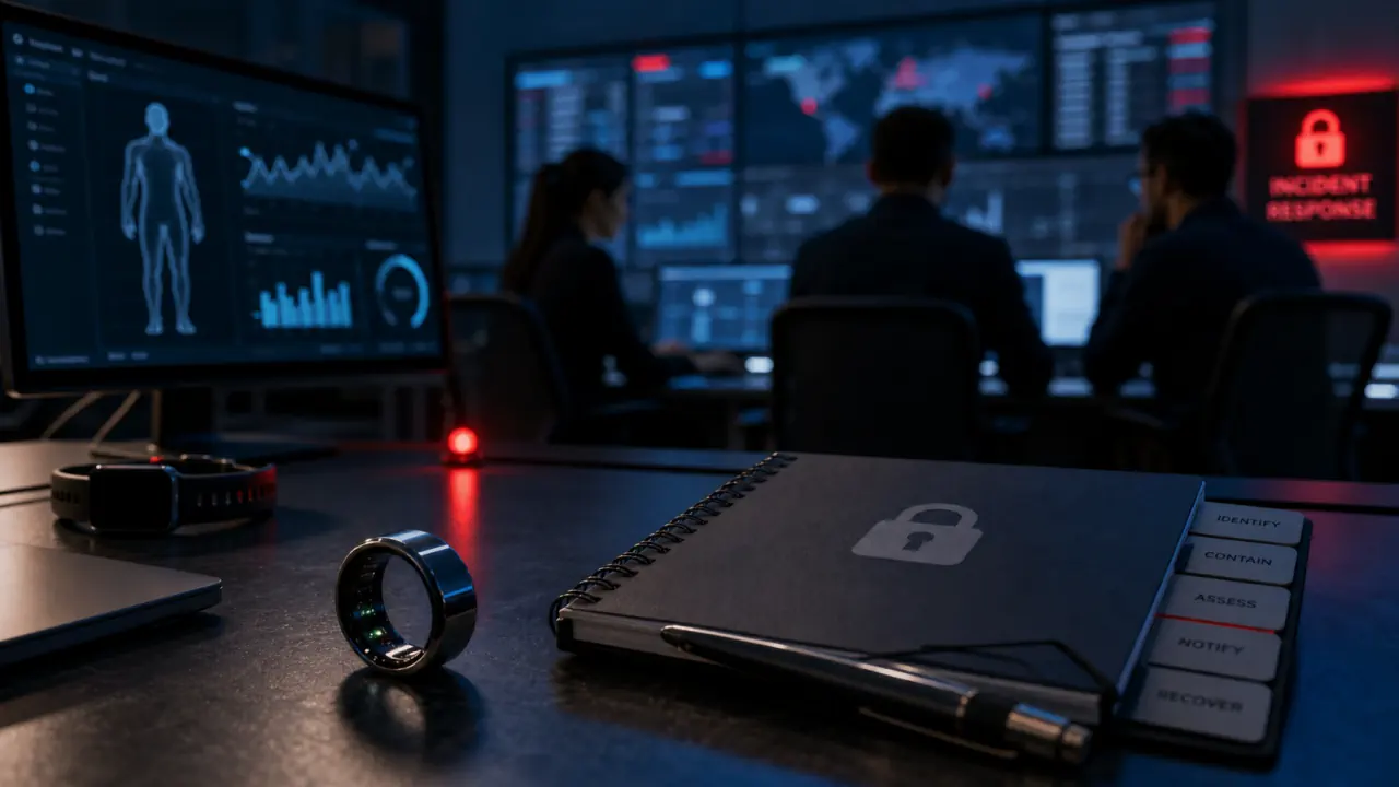 Cinematic editorial concept image of a wearable wellness device on a cybersecurity incident response desk